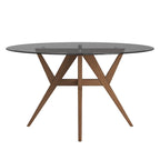 Table à manger ronde Mid-Century en verre transparent / verre fumé / finition noyer avec base en hévéa de noyer – 4 places