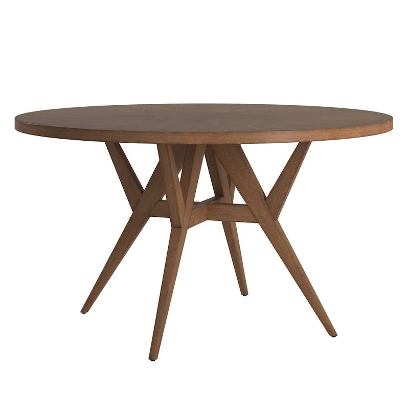 Table à manger ronde Mid-Century en verre transparent / verre fumé / finition noyer avec base en hévéa de noyer – 4 places