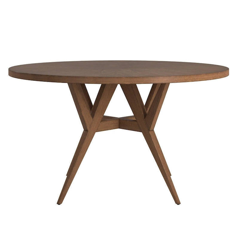 Table à manger ronde Mid-Century en verre transparent / verre fumé / finition noyer avec base en hévéa de noyer – 4 places