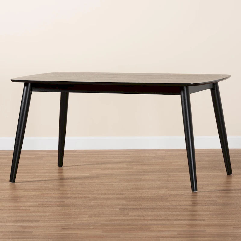 Table de salle à manger rectangulaire du milieu du siècle en chêne naturel / noir / noyer brun avec pieds inclinés et coins arrondis – 6 places