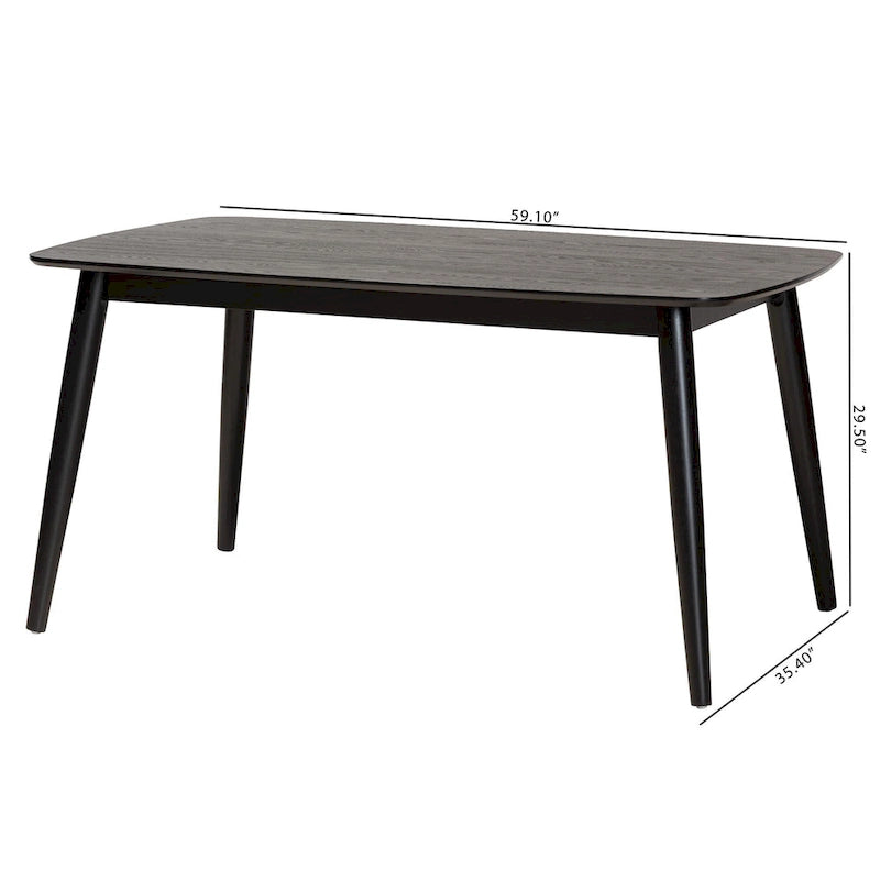 Table de salle à manger rectangulaire du milieu du siècle en chêne naturel / noir / noyer brun avec pieds inclinés et coins arrondis – 6 places