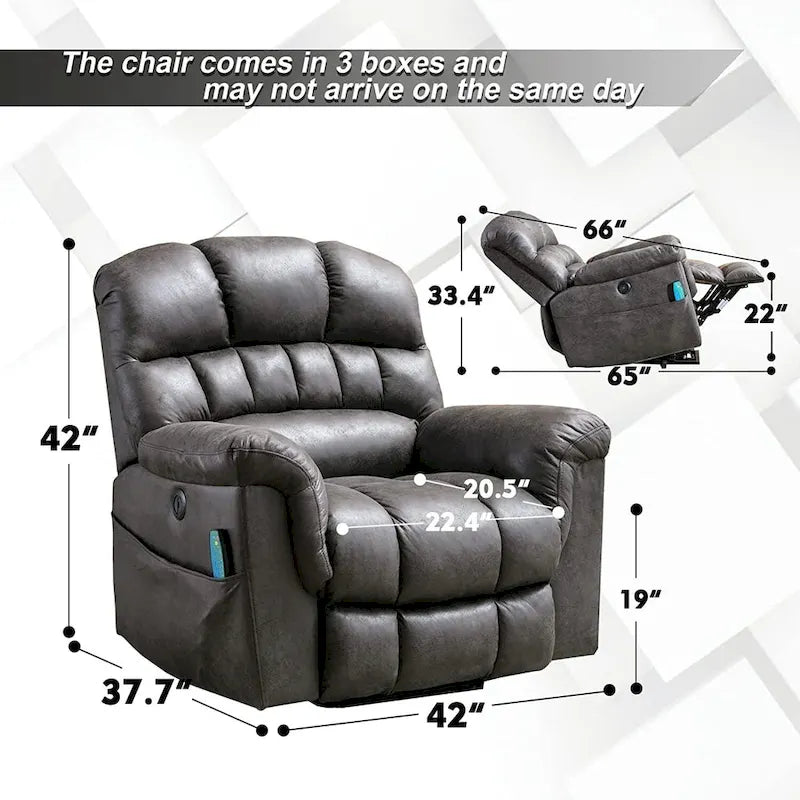 Fauteuil inclinable releveur électrique en microsuède marron/gris avec chauffage, massage et ports USB – Une place