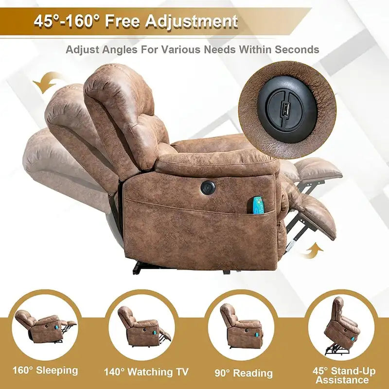 Fauteuil inclinable releveur électrique en microsuède marron/gris avec chauffage, massage et ports USB – Une place