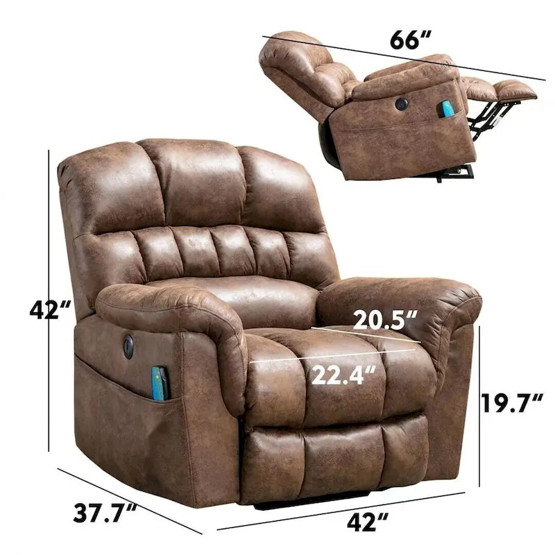 Fauteuil inclinable releveur électrique en microsuède marron/gris avec chauffage, massage et ports USB – Une place