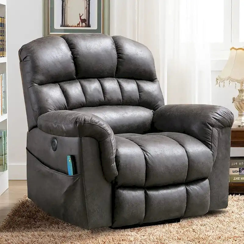 Fauteuil inclinable releveur électrique en microsuède marron/gris avec chauffage, massage et ports USB – Une place