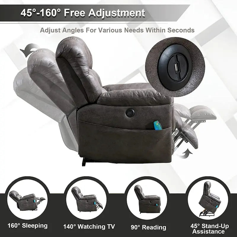 Fauteuil inclinable releveur électrique en microsuède marron/gris avec chauffage, massage et ports USB – Une place