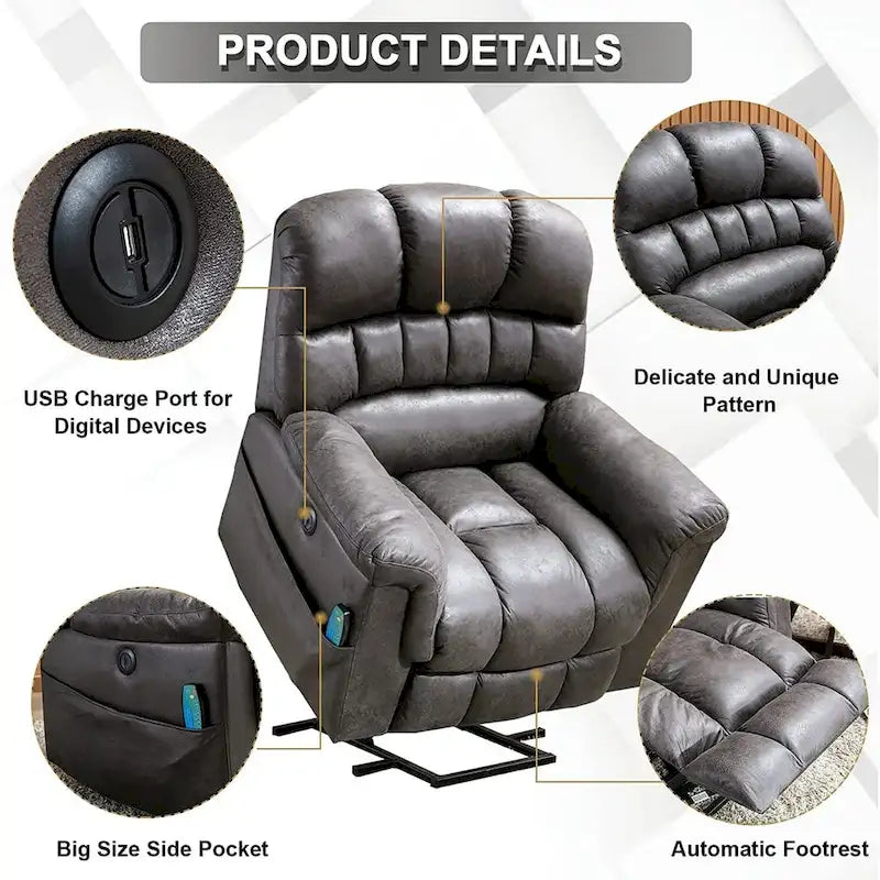 Fauteuil inclinable releveur électrique en microsuède marron/gris avec chauffage, massage et ports USB – Une place