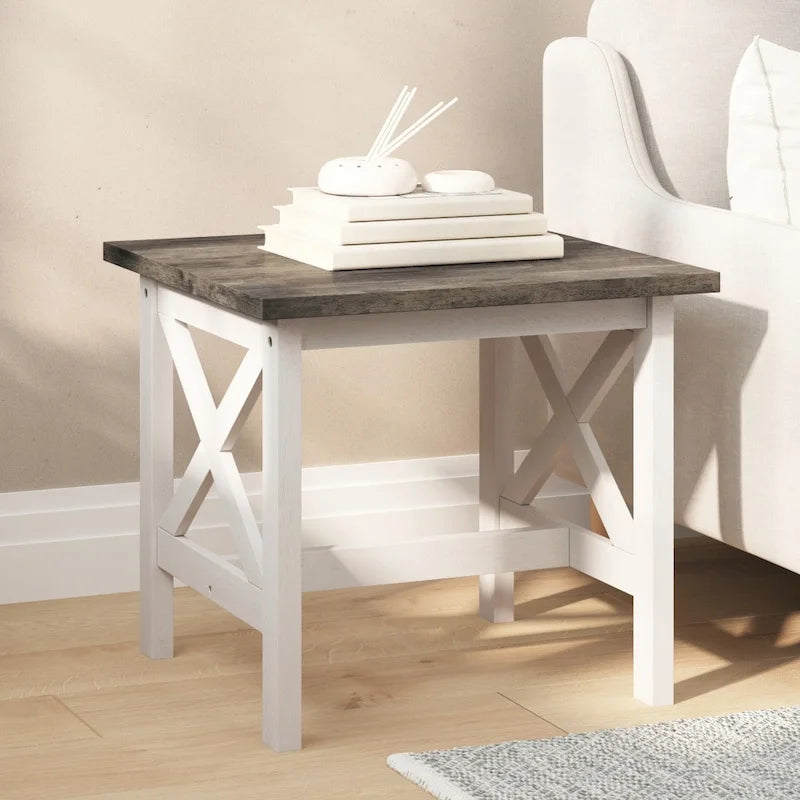 Table d'appoint rustique en bois massif à cadre en X, gris foncé/noyer/gris acacia et blanc rustique – Unité unique