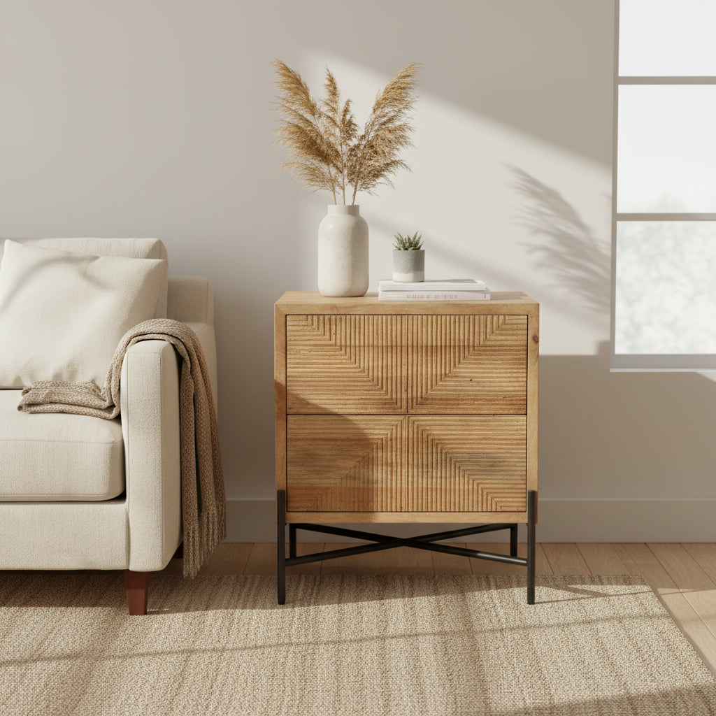 Cairo Light Brown Solid Wood w/ Black Iron Frame & 2 Drawer Accent Table - 22L x 22W x 26H