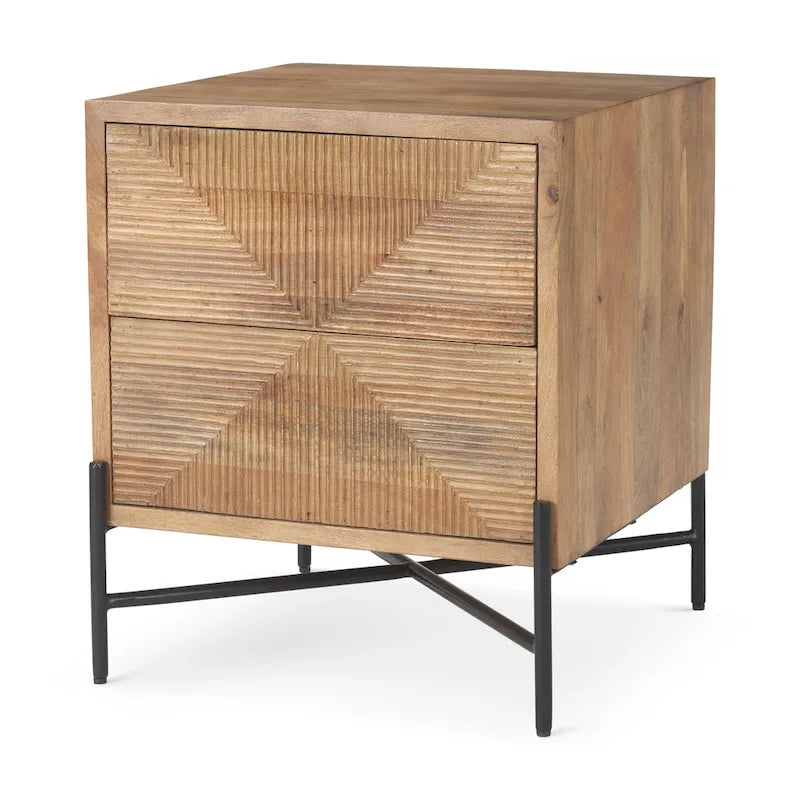 Meuble d'appoint en manguier marron clair avec 2 tiroirs et cadre en fer noir mat – Unité simple