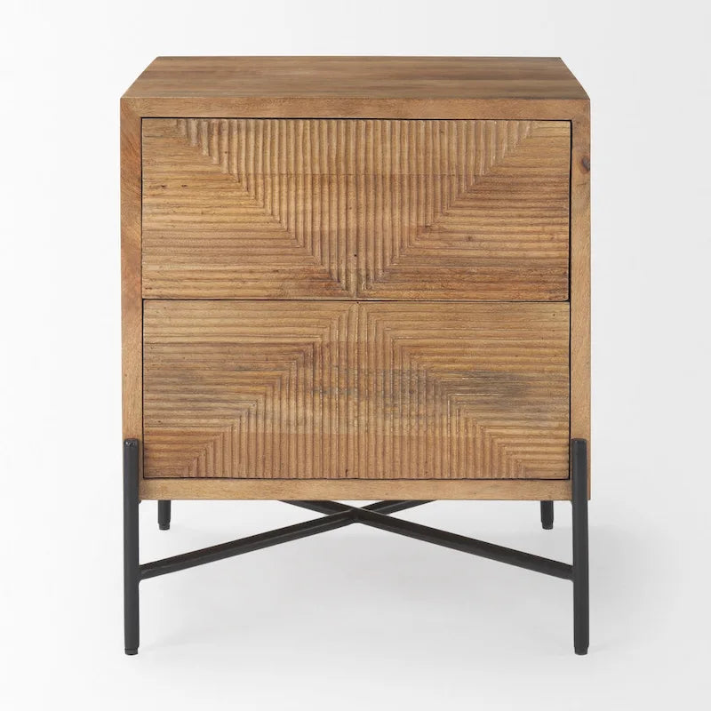 Meuble d'appoint en manguier marron clair avec 2 tiroirs et cadre en fer noir mat – Unité simple