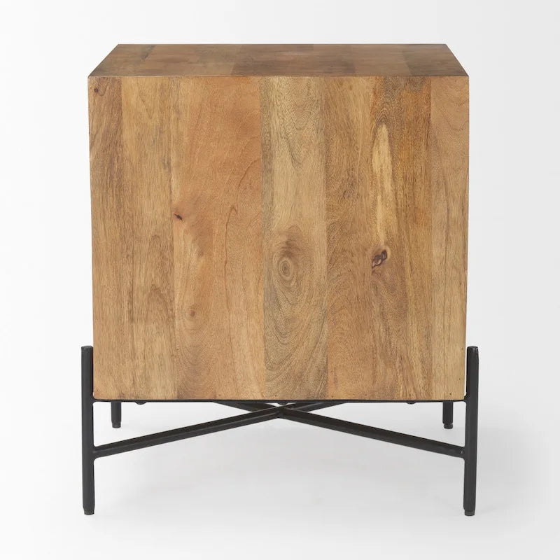 Meuble d'appoint en manguier marron clair avec 2 tiroirs et cadre en fer noir mat – Unité simple
