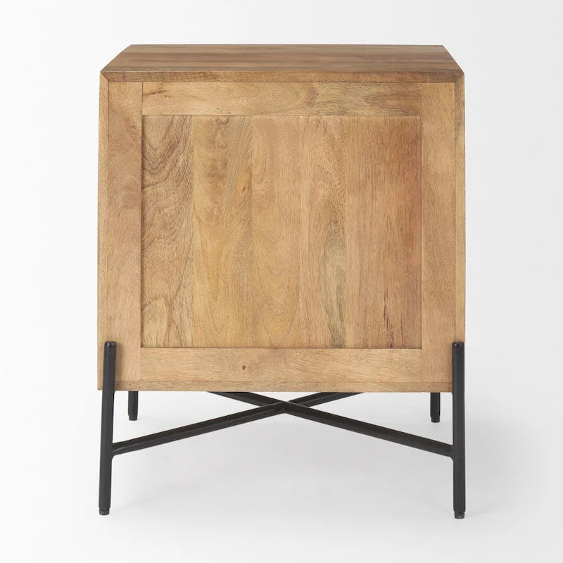 Meuble d'appoint en manguier marron clair avec 2 tiroirs et cadre en fer noir mat – Unité simple