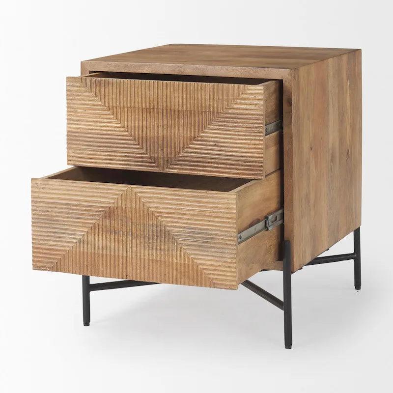 Meuble d'appoint en manguier marron clair avec 2 tiroirs et cadre en fer noir mat – Unité simple