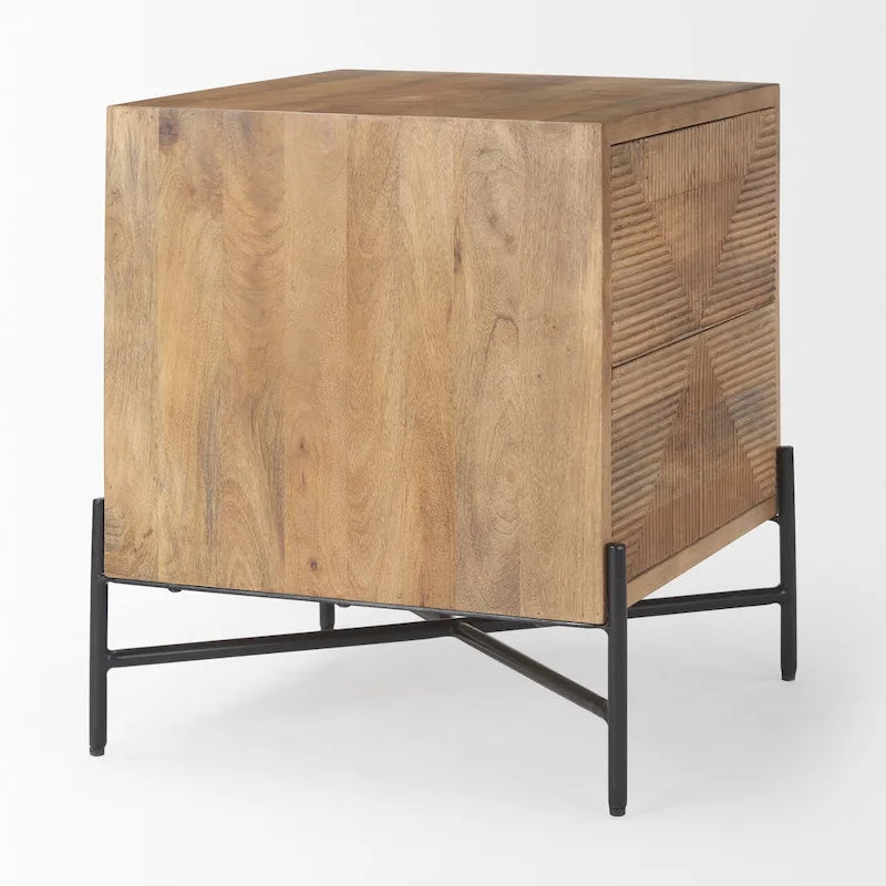 Meuble d'appoint en manguier marron clair avec 2 tiroirs et cadre en fer noir mat – Unité simple