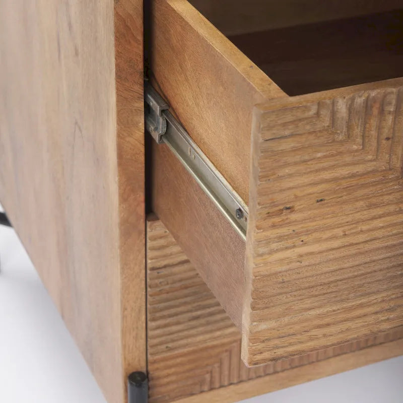 Meuble d'appoint en manguier marron clair avec 2 tiroirs et cadre en fer noir mat – Unité simple