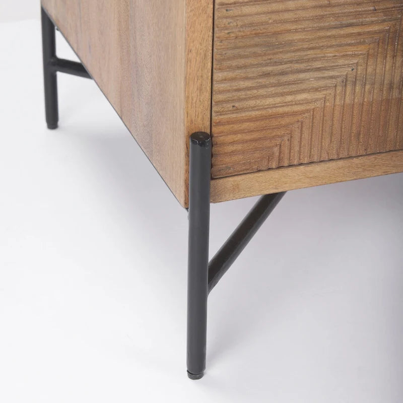 Meuble d'appoint en manguier marron clair avec 2 tiroirs et cadre en fer noir mat – Unité simple