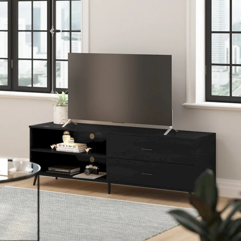 Meuble TV console média mi-siècle noir/noyer avec 2 tiroirs, étagère réglable et passe-câbles – Unité individuelle