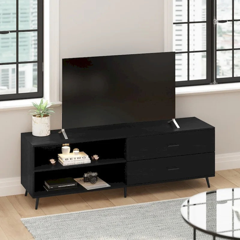 Meuble TV console média mi-siècle noir/noyer avec 2 tiroirs, étagère réglable et passe-câbles – Unité individuelle