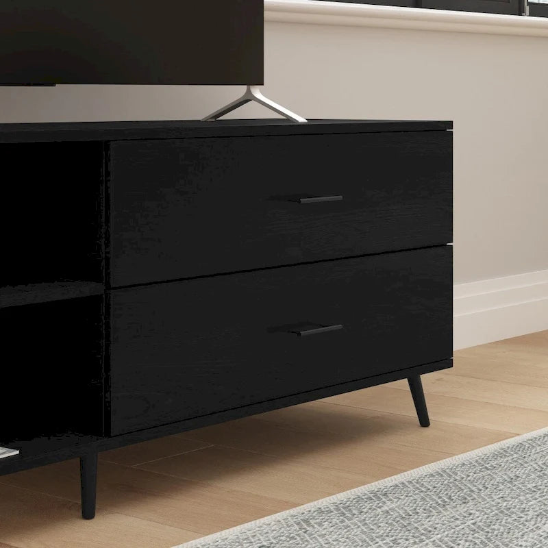 Meuble TV console média mi-siècle noir/noyer avec 2 tiroirs, étagère réglable et passe-câbles – Unité individuelle
