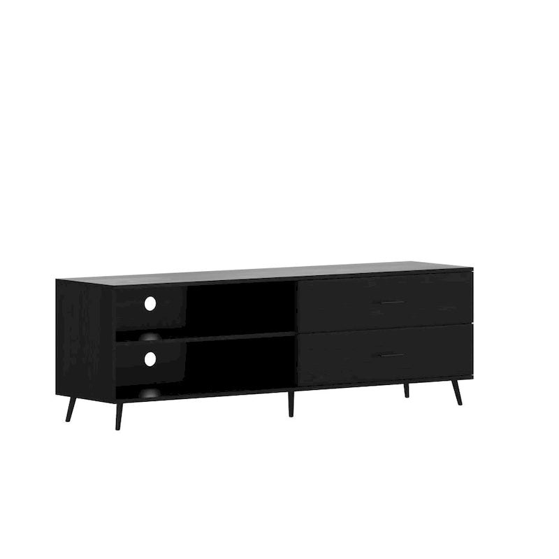 Meuble TV console média mi-siècle noir/noyer avec 2 tiroirs, étagère réglable et passe-câbles – Unité individuelle