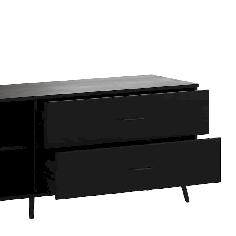 Meuble TV console média mi-siècle noir/noyer avec 2 tiroirs, étagère réglable et passe-câbles – Unité individuelle