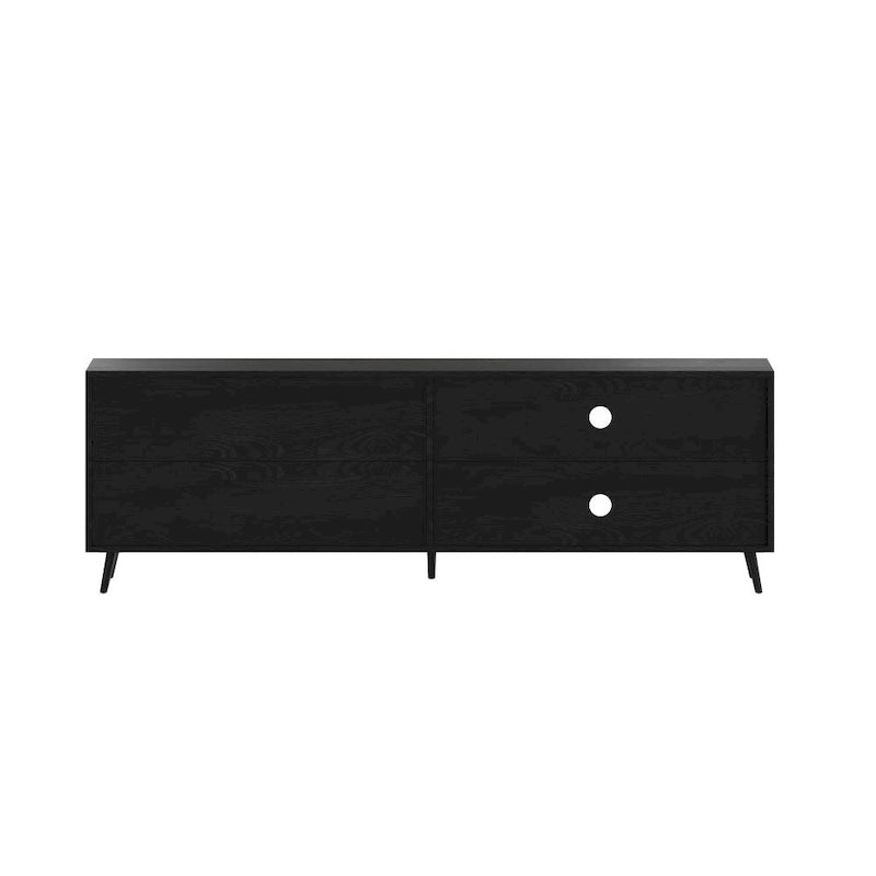 Meuble TV console média mi-siècle noir/noyer avec 2 tiroirs, étagère réglable et passe-câbles – Unité individuelle