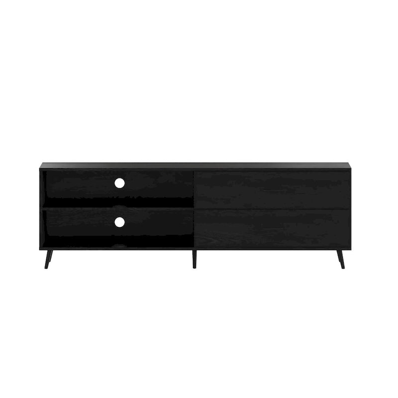 Meuble TV console média mi-siècle noir/noyer avec 2 tiroirs, étagère réglable et passe-câbles – Unité individuelle