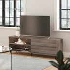 Meuble TV console média mi-siècle noir/noyer avec 2 tiroirs, étagère réglable et passe-câbles – Unité individuelle