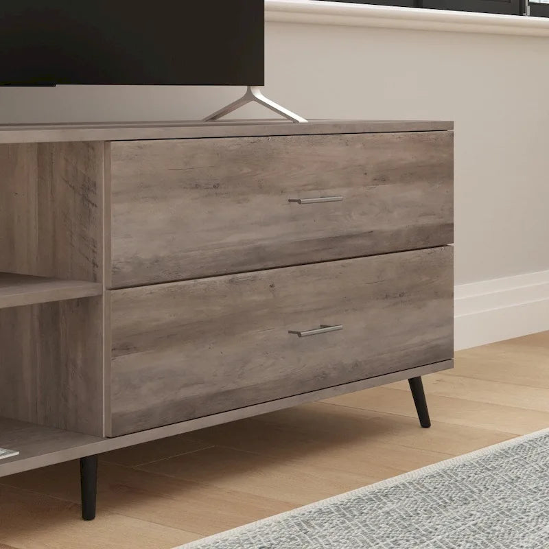 Meuble TV console média mi-siècle noir/noyer avec 2 tiroirs, étagère réglable et passe-câbles – Unité individuelle