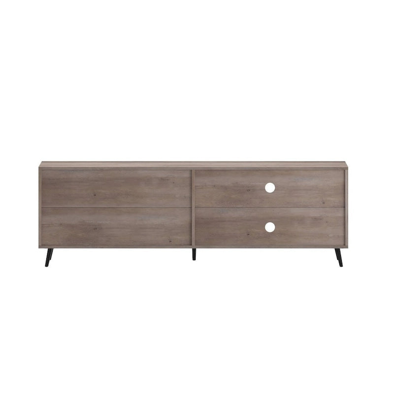 Meuble TV console média mi-siècle noir/noyer avec 2 tiroirs, étagère réglable et passe-câbles – Unité individuelle