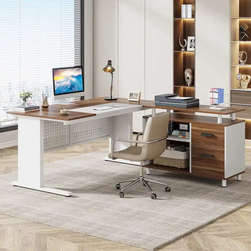 Bureau de direction en L noyer/blanc avec caisson de rangement et étagères – Unité simple