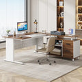Bureau de direction en L noyer/blanc avec caisson de rangement et étagères – Unité simple