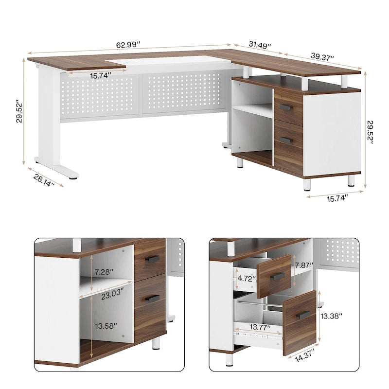 Bureau de direction en L noyer/blanc avec caisson de rangement et étagères – Unité simple