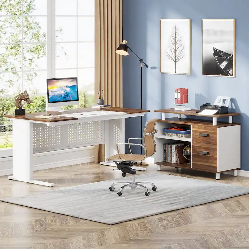 Bureau de direction en L noyer/blanc avec caisson de rangement et étagères – Unité simple