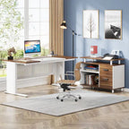 Bureau de direction en L noyer/blanc avec caisson de rangement et étagères – Unité simple