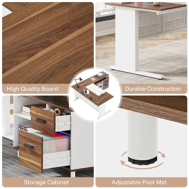 Bureau de direction en L noyer/blanc avec caisson de rangement et étagères – Unité simple