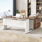 Bureau de direction en L noyer/blanc avec caisson de rangement et étagères – Unité simple