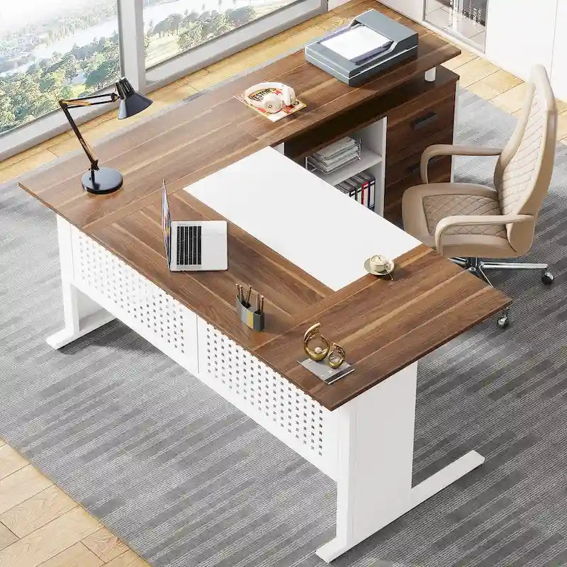 Bureau de direction en L noyer/blanc avec caisson de rangement et étagères – Unité simple
