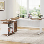 Bureau de direction en L noyer/blanc avec caisson de rangement et étagères – Unité simple