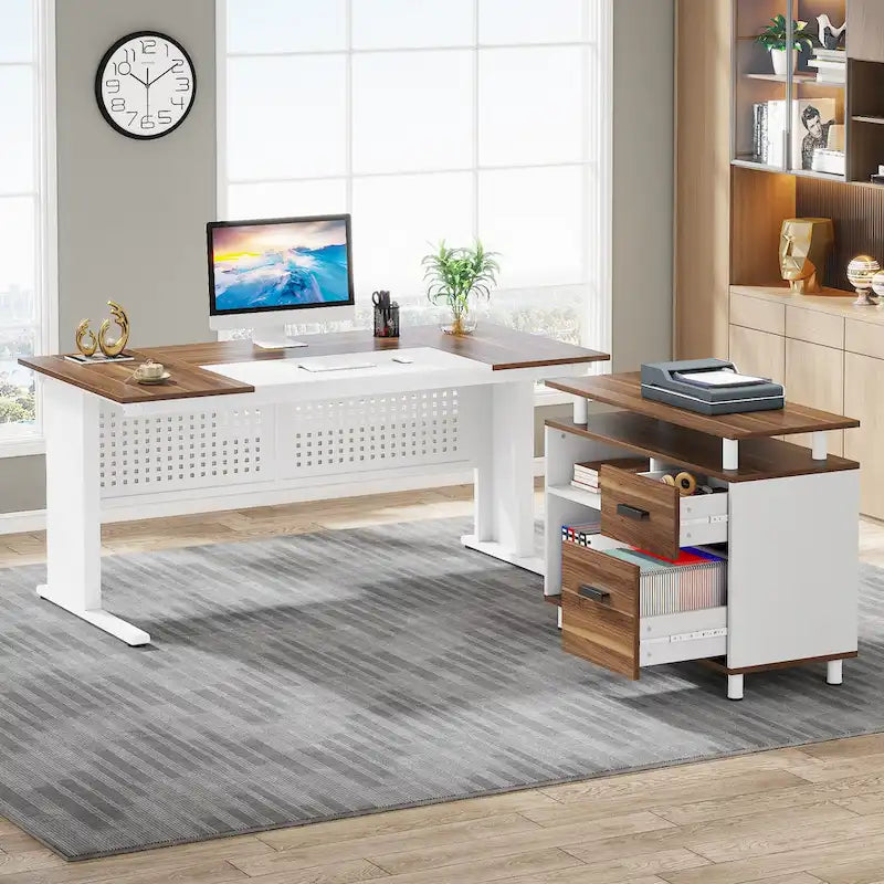Bureau de direction en L noyer/blanc avec caisson de rangement et étagères – Unité simple