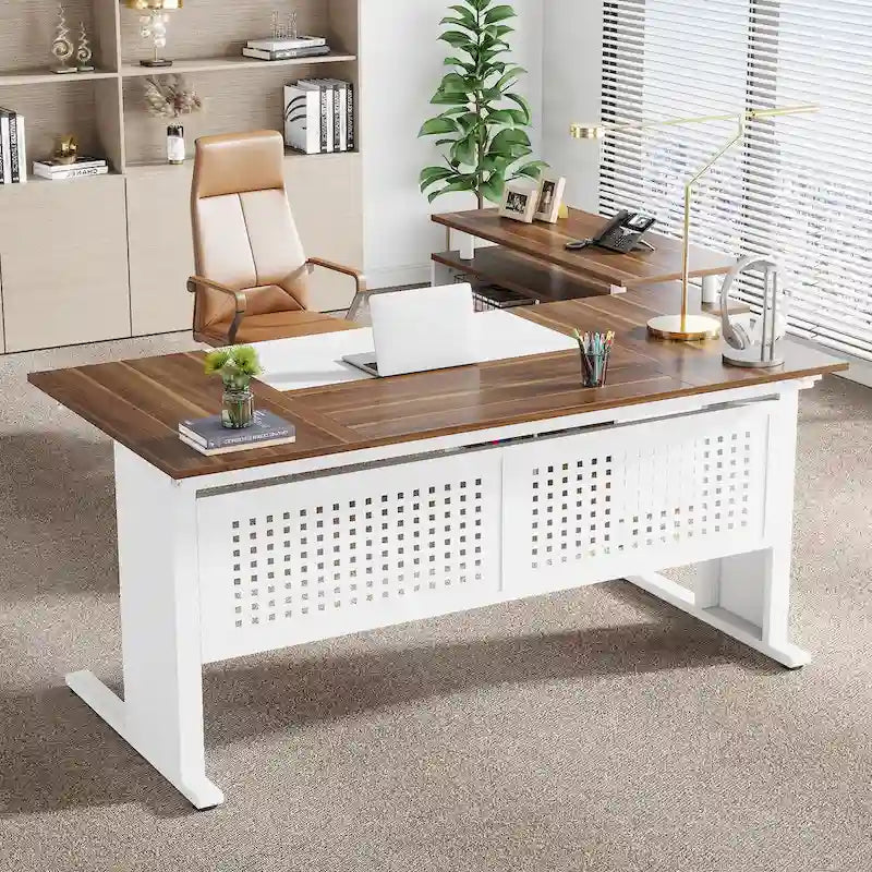 Bureau de direction en L noyer/blanc avec caisson de rangement et étagères – Unité simple