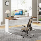 Bureau de direction en L noyer/blanc avec caisson de rangement et étagères – Unité simple