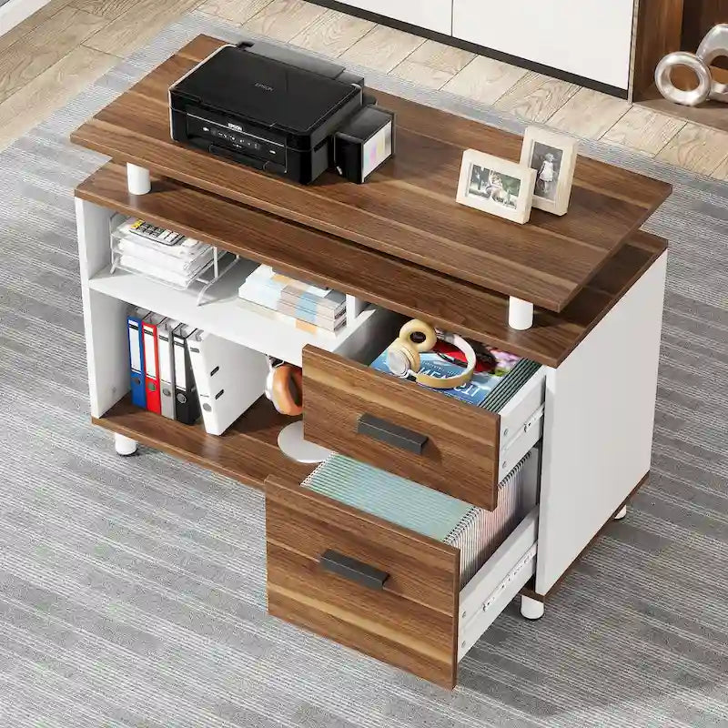 Bureau de direction en L noyer/blanc avec caisson de rangement et étagères – Unité simple