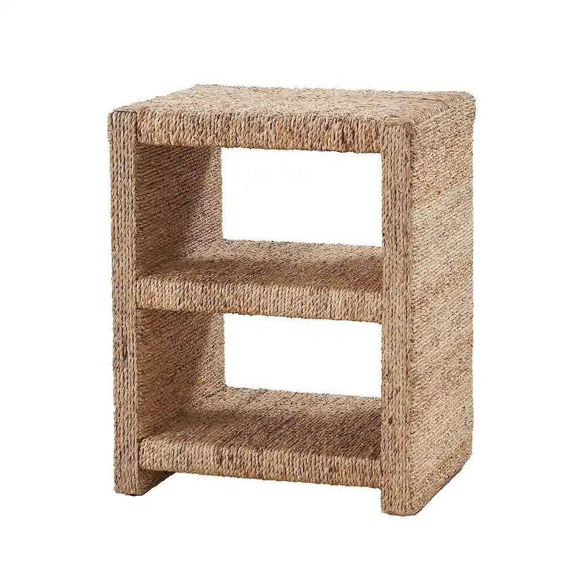 Table d'appoint côtière en rotin naturel avec détails en corde d'herbe et 2 étagères ouvertes – Unité simple