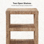 Table d'appoint côtière en rotin naturel avec détails en corde d'herbe et 2 étagères ouvertes – Unité simple