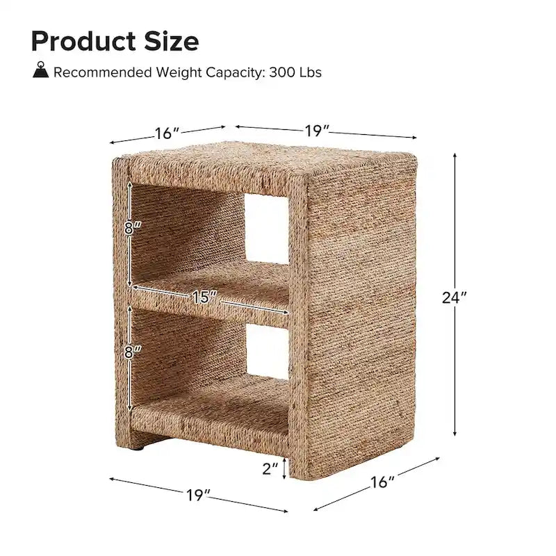 Table d'appoint côtière en rotin naturel avec détails en corde d'herbe et 2 étagères ouvertes – Unité simple
