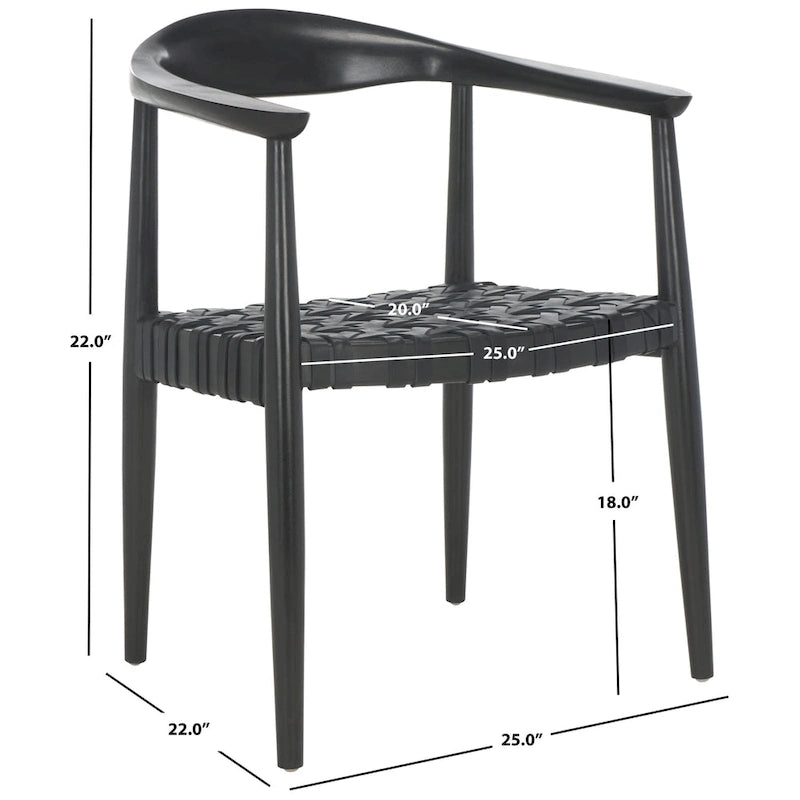 Fauteuil en cuir tressé noir avec motif en cannage français et cadre en bois massif – Siège individuel