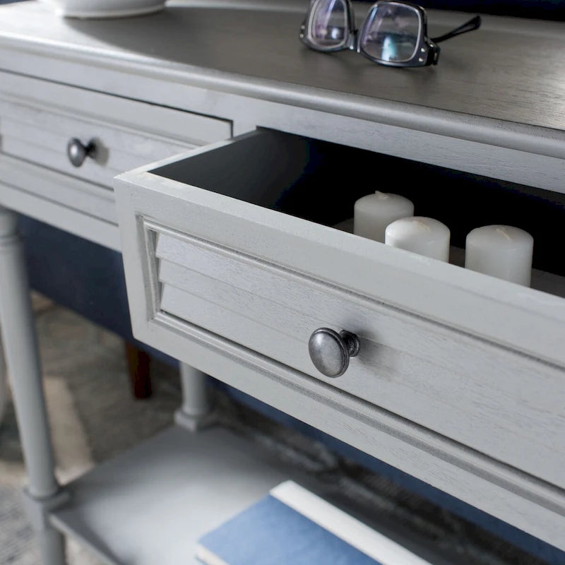 Console de ferme vieillie grise / blanche / grège / noire avec 2 tiroirs, pieds tournés et détails sculptés – Unité unique