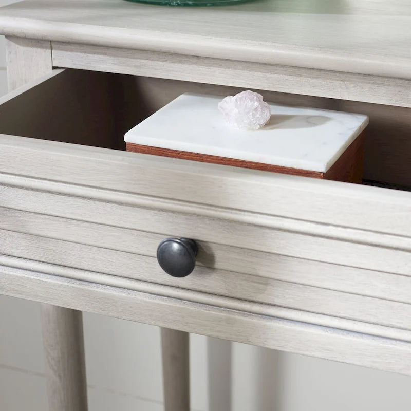 Console de ferme vieillie grise / blanche / grège / noire avec 2 tiroirs, pieds tournés et détails sculptés – Unité unique